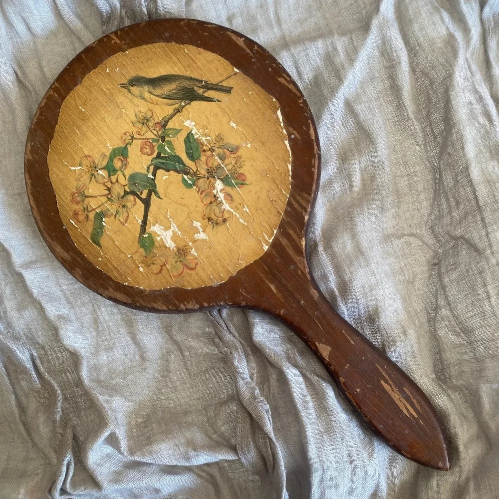 VTG I Long Handle Round Wood Hand Mirror Bird Dogwood Flowers